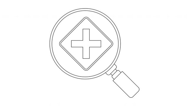 Magnifying glass over a plus sign symbol in a diamond shape.