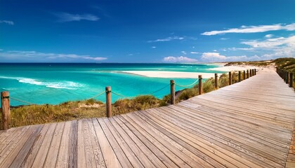 Obraz premium Coastal Sand Dunes With Wooden Boardwalk And Turquoise Ocean