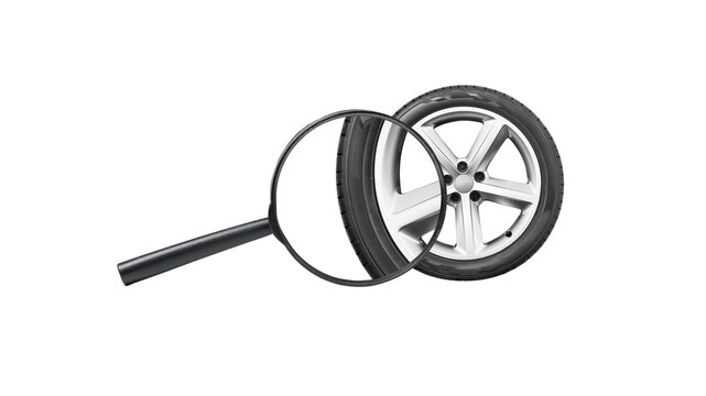 Icon of a car rim being examined with a magnifying glass.