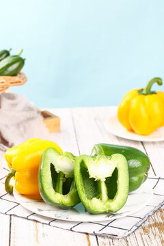 Fresh Colorful Bell Peppers on Rustic White Wooden Table - Healthy Organic Vegetables