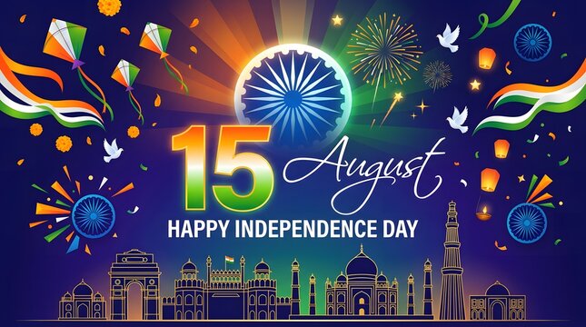 Indian independence day celebration with kites fireworks and city skyline vector illustration