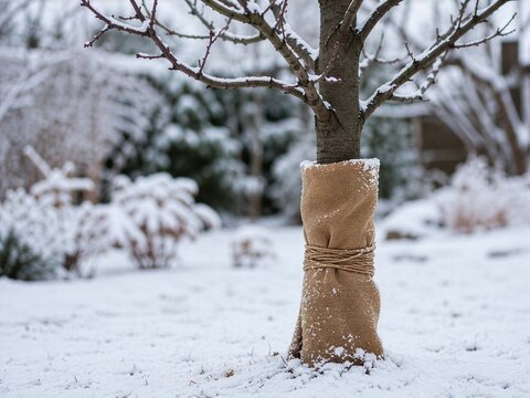 Young tree trunk wrapped in burlap for winter protection in a snowy garden, concept of frost protection and seasonal plant care in cold weather