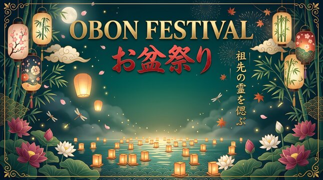 Obon festival illustration depicts lanterns lotus flowers and a scenic night sky