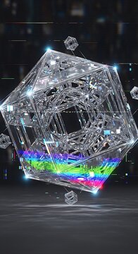 Colorful abstract light projection on geometric sculpture.