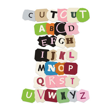 Complete ransom note alphabet set with colorful paper cutout letters on transparent background for creative design work.