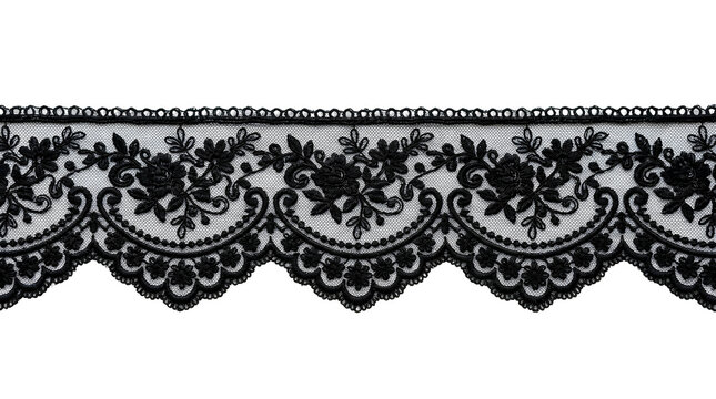 Black lace trim with floral embroidery isolated on transparent background