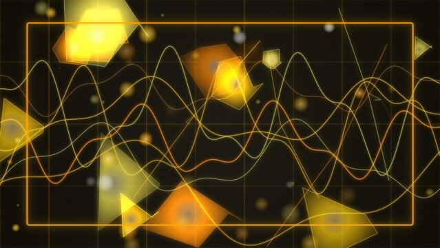 Abstract image of bright yellow light, wavy lines moving through a glowing rectangular frame on a dark grid background.