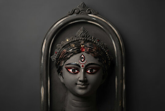 Clay Idol Face of Goddess Durga on Dark Gray Background