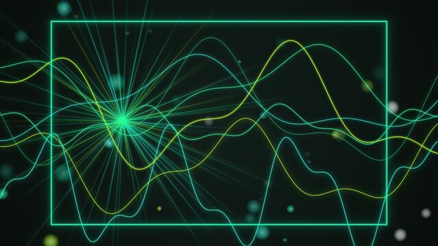 Abstract image with vibrant green light, wavy lines extending from a central point, inside a rectangular frame.