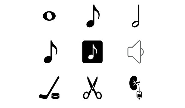 Music notes, sound, sports, and medical vector illustration set featuring whole note, eighth notes, half note, sound speaker, hockey stick and puck, scissors, and kidney dialysis icons on a white back
