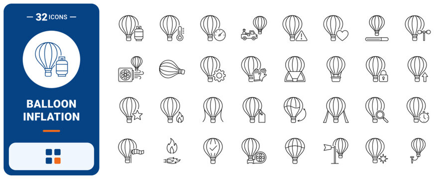 Hot Air Balloon Balloon Inflating Web Icon Set in Linear Style. Collection of Flight Preparation line icons, including balloon envelope, flame burner, ground fan, fuel cylinder and more.