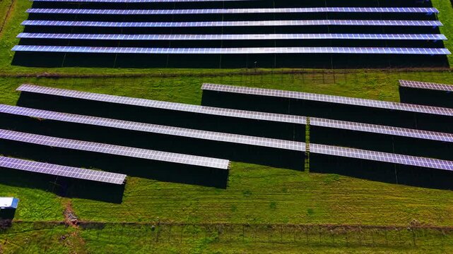 Elevated view of solar farm rows on green field. Straight lines of panels sit above lush grass under bright natural daylight.