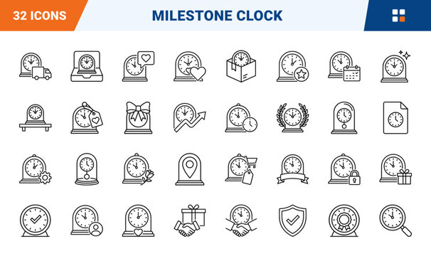 Anniversary Clock Milestone Gift Web Icon Set in Linear Style. Collection of Keepsake Present line icons, including dome clock, gift box, heart face, wreath frame, calendar card and more.