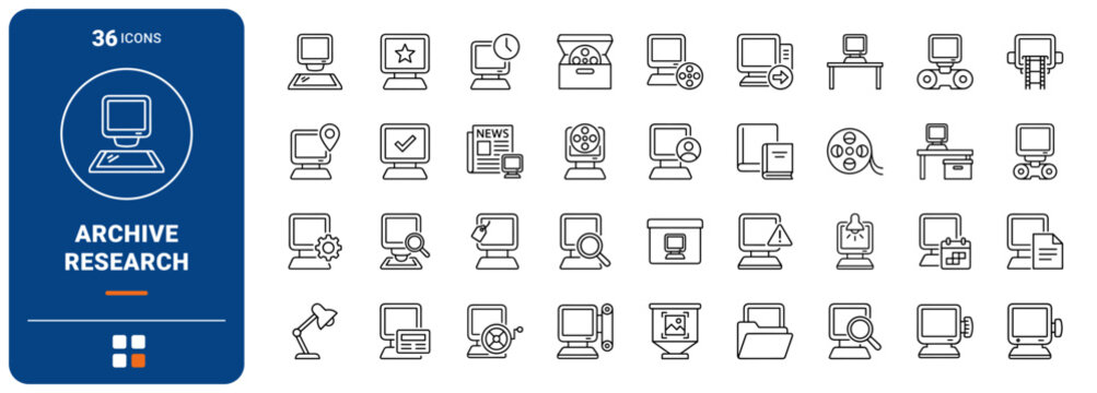 Microfilm Reader Archive Research Web Icon Set in Linear Style. Collection of historical inquiry line icons, including film reel, lens focus, screen view, archive box, catalog card and more.