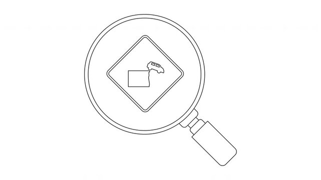 Magnifying glass over a square sign with a symbol inside.