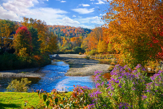 Beautiful autumn colors along a river in the countryside of Vermont, USA