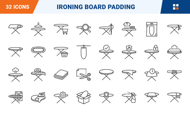 Ironing Board Cover Web Icon Set in Linear Style. Collection of Laundry Care line icons, including board cover, steam iron, laundry basket, padded layer, clothes hanger, heat shield and more.