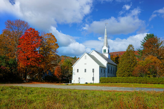 Autumn view white countryside church and fall colors, Vermont, USA