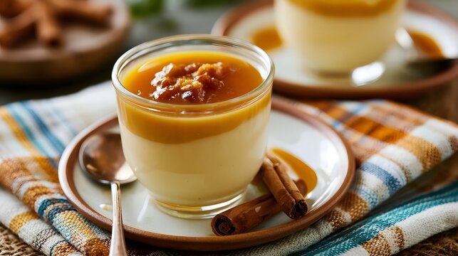 Caramel flavored pudding served in a glass cup with cinnamon sticks and a spoon on a patterned cloth
