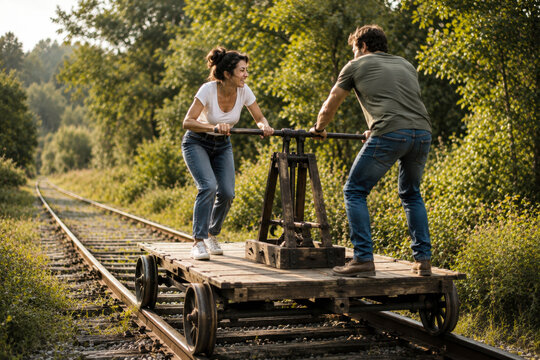 Young Couple Having Fun Riding a Vintage Railroad Handcar on an Abandoned Rural Railway
