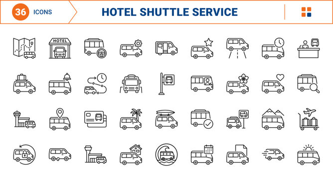 Resort Shuttle Transfer Web Icon Set in Linear Style. Collection of Hotel Transport line icons, including resort shuttle, van transfer, airport pickup, luggage van, route map, beach shuttle and more.