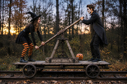 Young Couple in Halloween Costumes Riding a Vintage Railroad Handcar Through an Autumn Forest