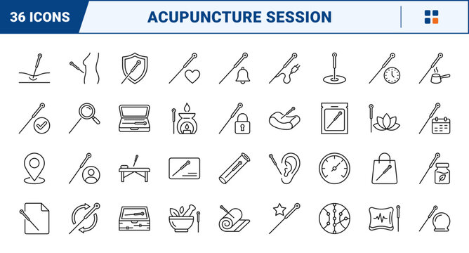 Acupuncture Session Web Icon Set in Linear Style. Collection of Holistic Therapy line icons, including skin insertion, guide tube, moxa cup, pulse cushion, cupping jar, ear meridian and more.