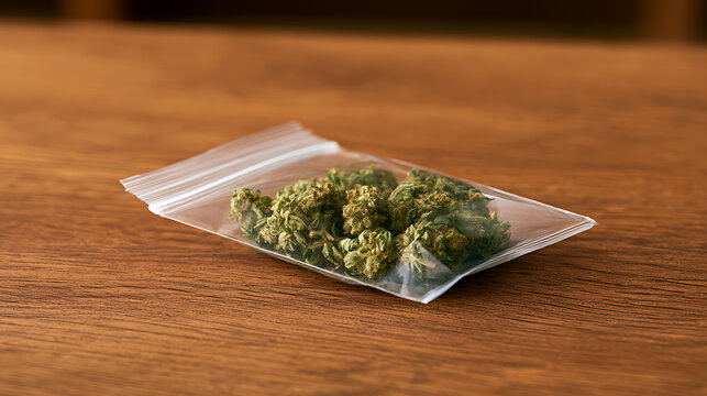 Close-up of dried green buds in a clear plastic bag, resting on a warm, textured wooden surface, ready for various uses and display