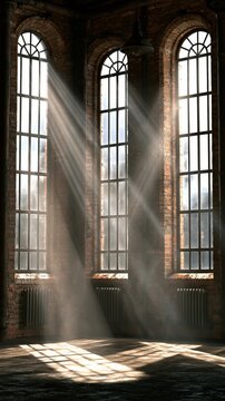 Sunbeams illuminating dusty industrial room with arched windows