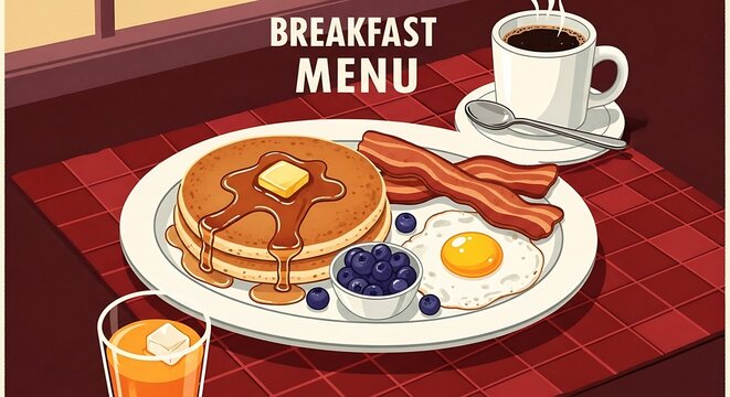 Breakfast menu with eggs toast coffee and jam.