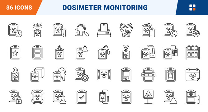 Radiation Badge Exposure Monitoring Web Icon Set in Linear Style. Collection of Dosimetry Safety line icons, including radiation badge, clip attachment, geiger counter, dosage reader and more.