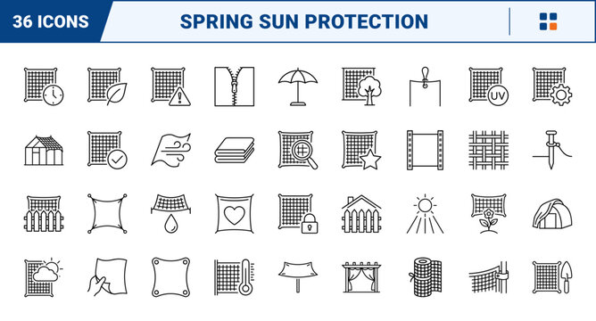 Shade Netting Spring Sun Control Web Icon Set in Linear Style. Collection of greenhouse shading line icons, including shade netting roll, sun protection, spring garden, grommet panel and more.