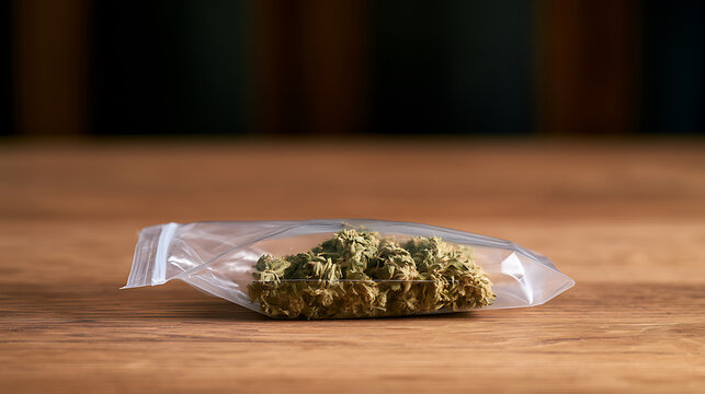 Dried plant material, likely hemp or herbal tea, in a clear plastic bag on a natural wooden table with soft, dark background light