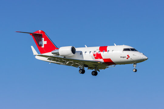 REGA Bombardier Challenger 650 airplane at Zurich airport in Switzerland