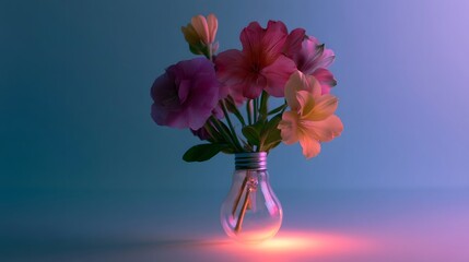 Obraz premium A vibrant bouquet of pink and peach flowers arranged inside a clear glass bulb that emits warm glowing light against a gradient blue background