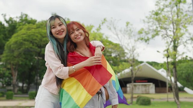 Beautiful Asian lesbian couple holding a rainbow flag and embracing in green park. Cheerful young women celebrating LGBTQ pride month equality and expressing romantic love.