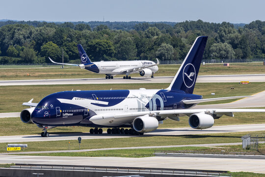 Lufthansa Airbus A380-800 airplane at Munich airport in Germany 100 Years Lufthansa Anniversary special livery