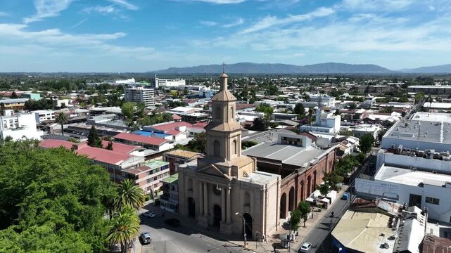 Aerial Drone View of Historic Curic&oacute; City Center with San Francisco Church Chile