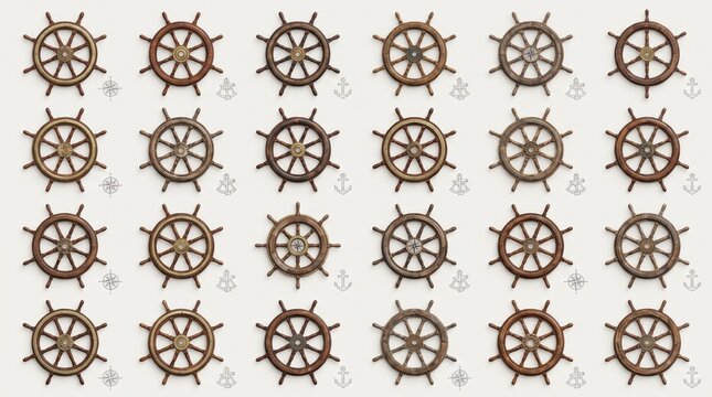 Nautical pattern of ship wheels with anchors, showcasing maritime symmetry, wooden textures, and classic seafaring design elements in a grid&hellip;