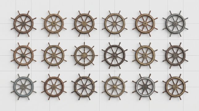 Nautical pattern of ship wheels with anchors, showcasing maritime symmetry, wooden textures, and classic seafaring design elements in a grid&hellip;