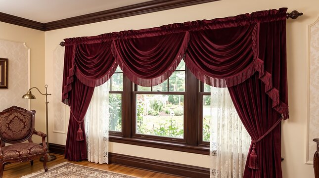 Elegant Burgundy Velvet Drapes and Curtains on Window in Luxury Home Living Room