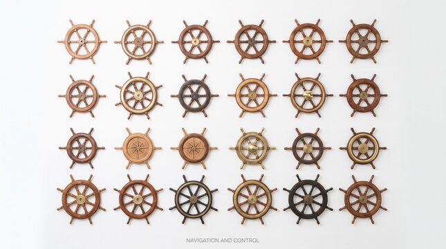 Nautical pattern of ship wheels with anchors, showcasing maritime symmetry, wooden textures, and classic seafaring design elements in a grid&hellip;