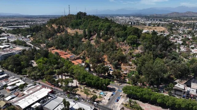 Aerial Drone View of Historic Curic&oacute; City Center with San Francisco Church Chile