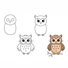 Fototapeta premium Cute owl drawing tutorial with how to draw step-by-step illustration