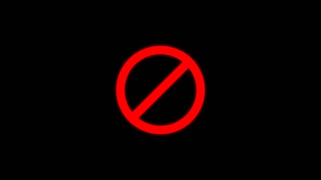 Red glowing prohibited warning sign with digital glitch and flicker effects isolated on a solid black background.