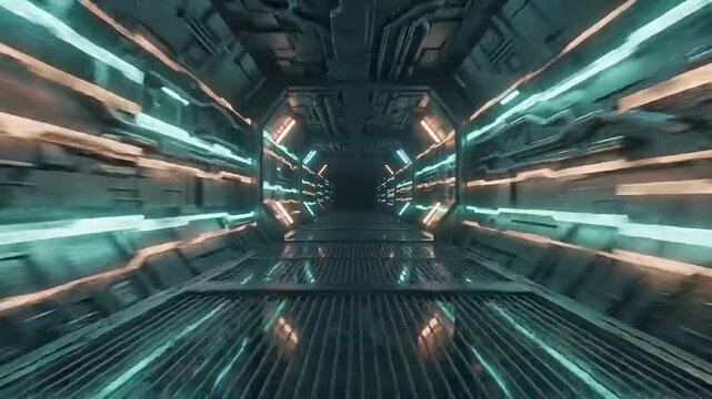Futuristic Sci-Fi Spaceship Corridor with Glowing Neon Lights Moving Forward, Cinematic 3D Loop Animation