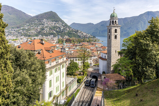 Lugano city with cathedral and funicular railway in canton Ticino at Lake Lugano, Switzerland