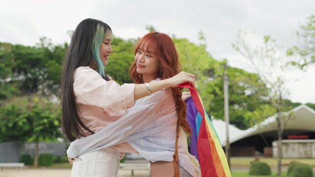 Beautiful Asian lesbian couple holding a rainbow flag and embracing in green park. Cheerful young women celebrating LGBTQ pride month equality and expressing romantic love.