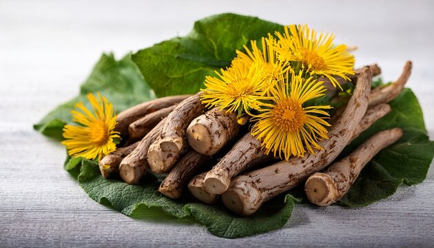 Fresh Burdock Roots With Yellow Flowers