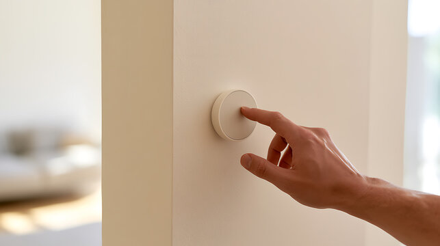 Close-up of a human hand press a modern round wall switch or control panel, highlighting smart home technology and user interaction in a contemporary setting